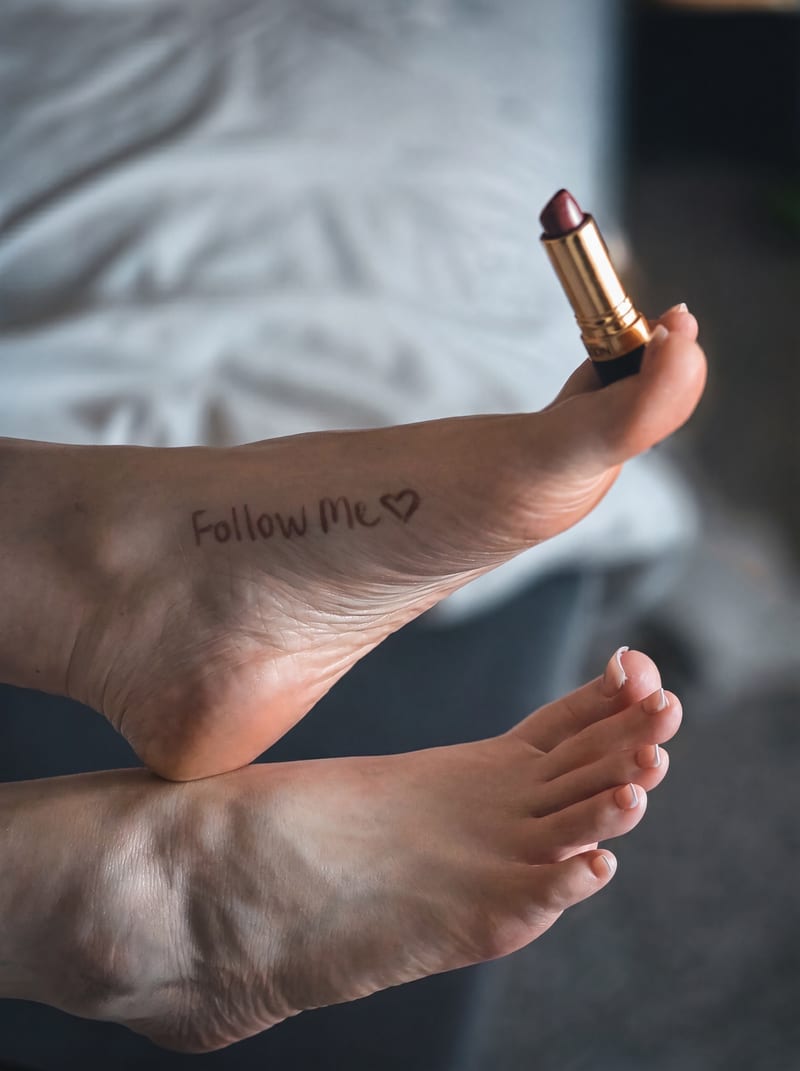 'Follow me' written by the soles with a gold lipstick — Barefoot Bunny, Dallas bedroom set